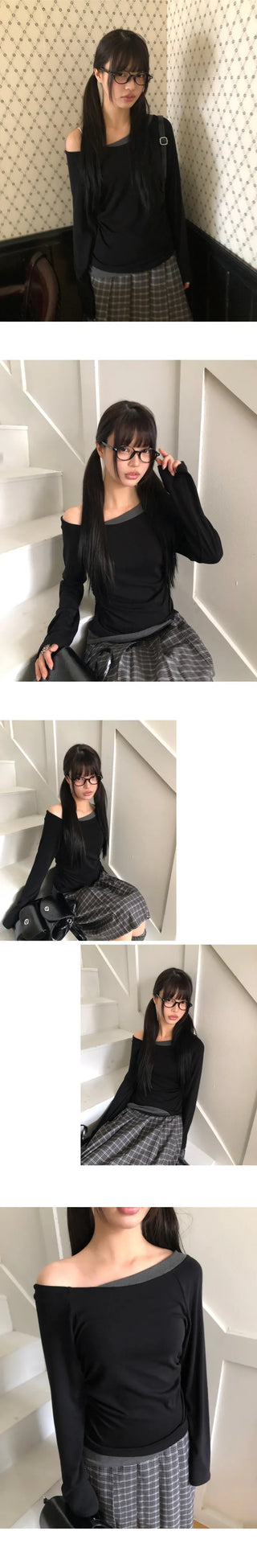 Elang Color Block Shirred One-Shoulder Long Sleeve T-shirt
