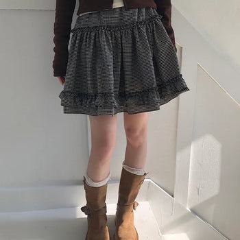 Bran Double Frill Check Midi Skirt