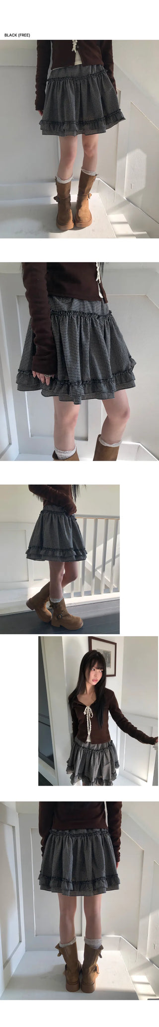 Bran Double Frill Check Midi Skirt