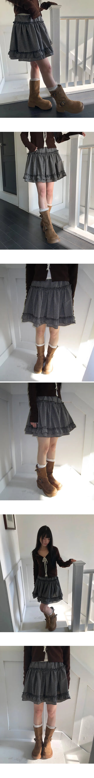 Bran Double Frill Check Midi Skirt