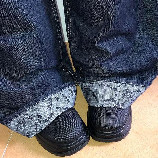 Zakan Flower Roll-up Wide Denim Pants