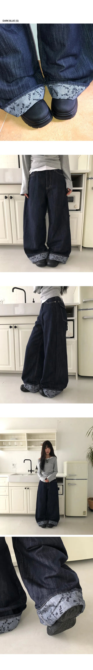 Zakan Flower Roll-up Wide Denim Pants