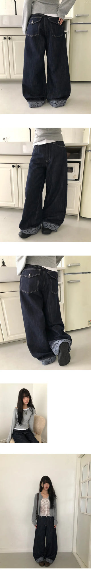 Zakan Flower Roll-up Wide Denim Pants