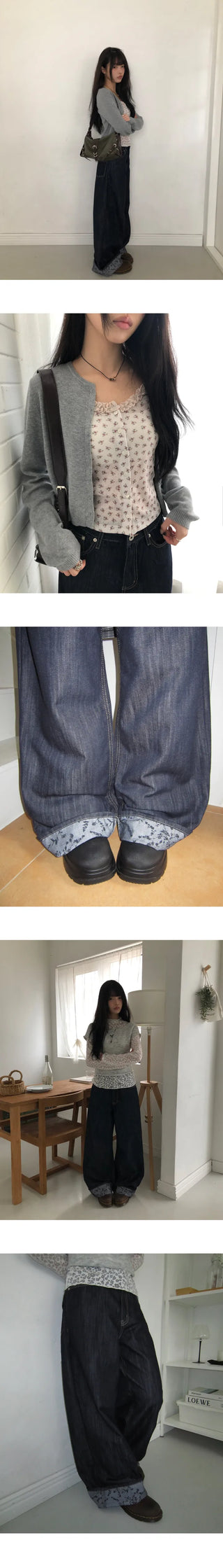 Zakan Flower Roll-up Wide Denim Pants