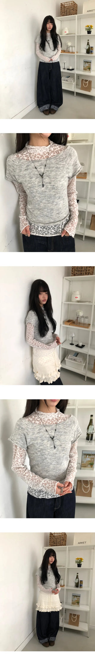 Nayu Flower Lace Turtleneck Long Sleeve T-shirt