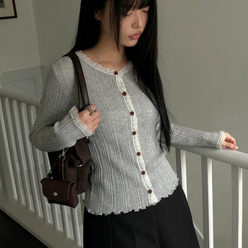 Dabu Lace Button Ribbed Cardigan
