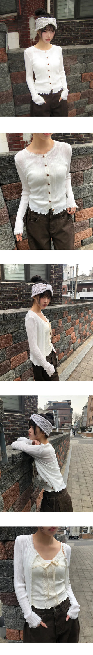 Dabu Lace Button Ribbed Cardigan