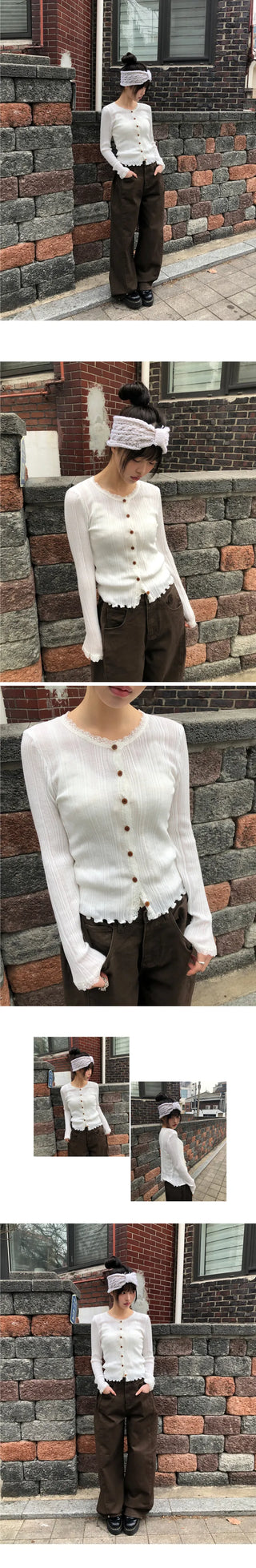Dabu Lace Button Ribbed Cardigan