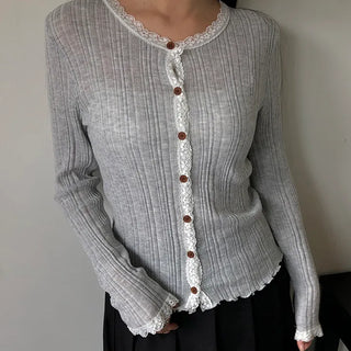 Dabu Lace Button Ribbed Cardigan