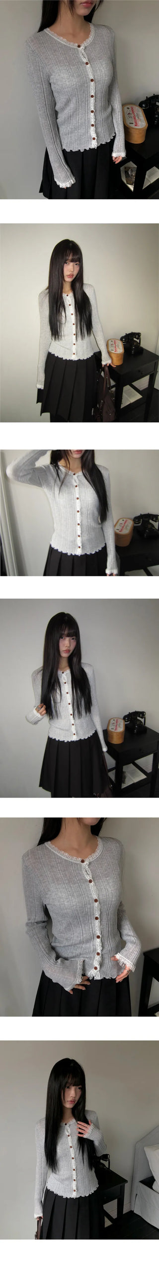 Dabu Lace Button Ribbed Cardigan