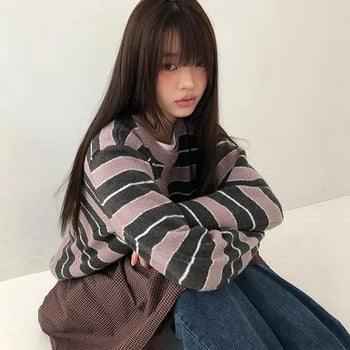 Woolen Striped Round Knit Cardigan