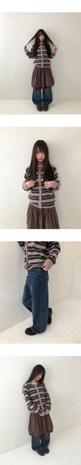 Woolen Striped Round Knit Cardigan