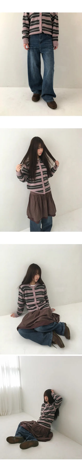 Woolen Striped Round Knit Cardigan