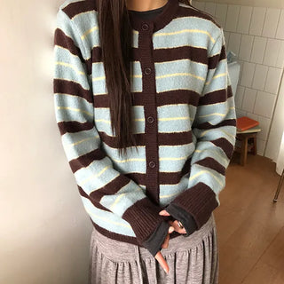 Woolen Striped Round Knit Cardigan