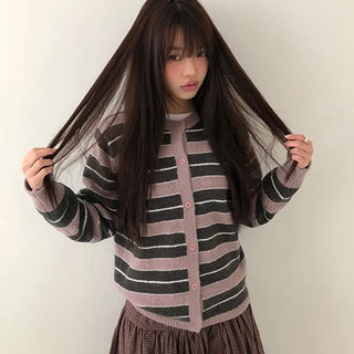 Woolen Striped Round Knit Cardigan