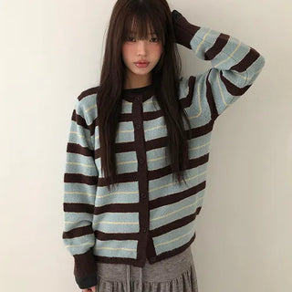 Woolen Striped Round Knit Cardigan