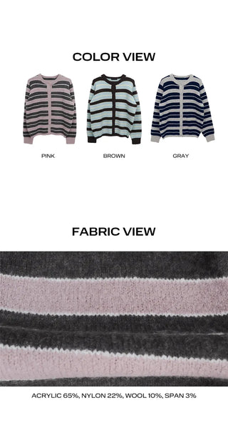 Woolen Striped Round Knit Cardigan
