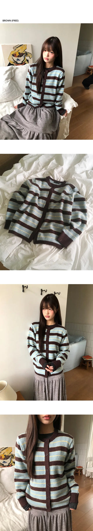 Woolen Striped Round Knit Cardigan