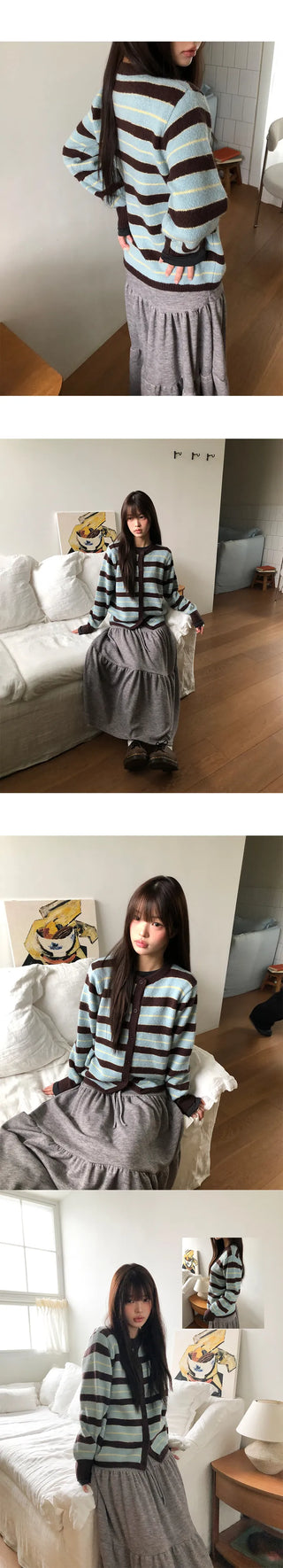 Woolen Striped Round Knit Cardigan