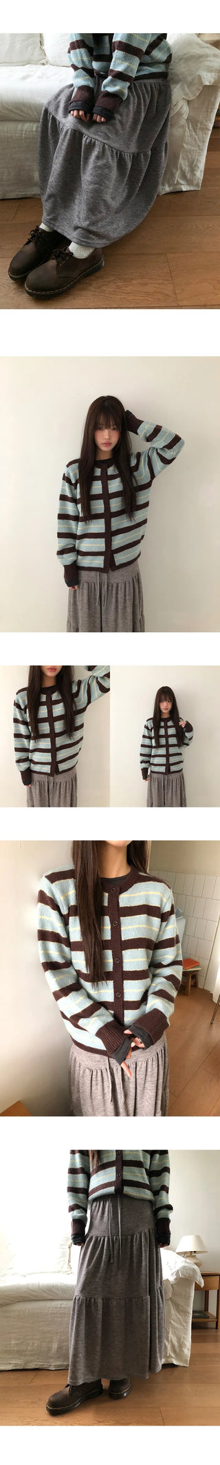 Woolen Striped Round Knit Cardigan
