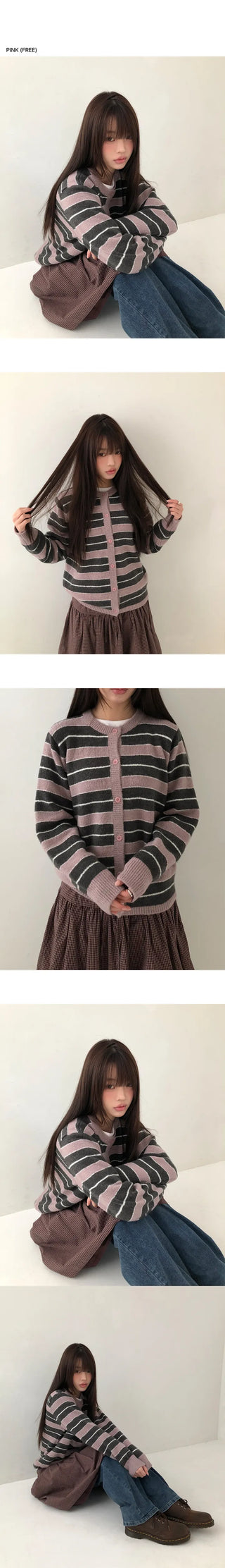 Woolen Striped Round Knit Cardigan