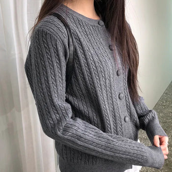Korun Button Knit Long Sleeve Round Neck Cardigan