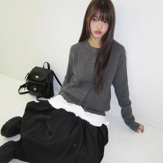 Korun Button Knit Long Sleeve Round Neck Cardigan