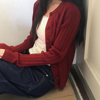 Korun Button Knit Long Sleeve Round Neck Cardigan