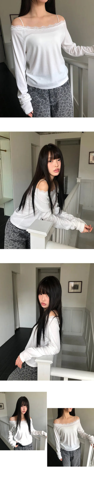 Enu Lace Lip Neck Long Sleeve T-shirt