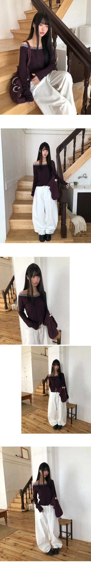 Enu Lace Lip Neck Long Sleeve T-shirt