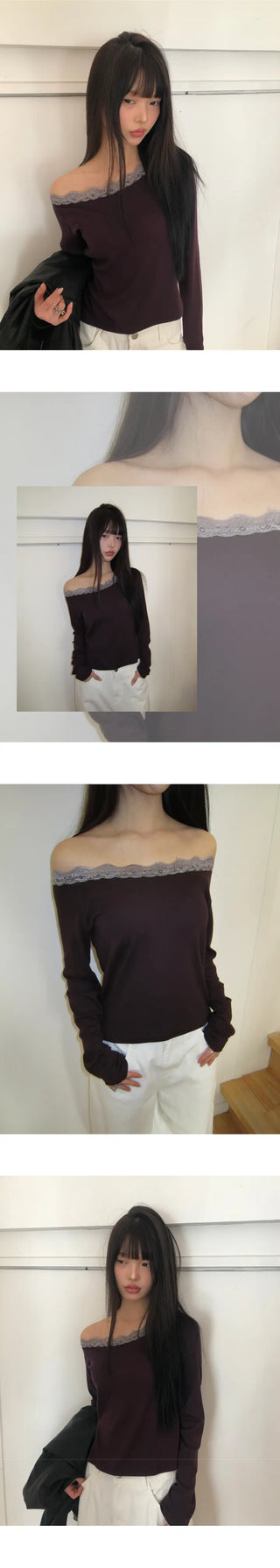 Enu Lace Lip Neck Long Sleeve T-shirt