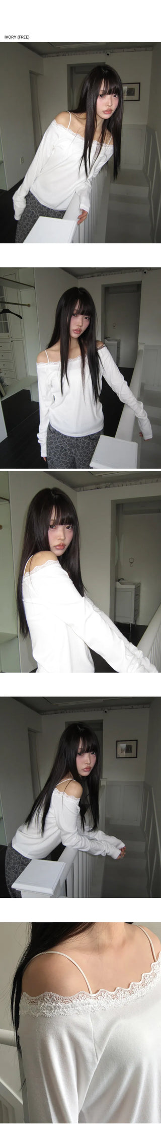 Enu Lace Lip Neck Long Sleeve T-shirt