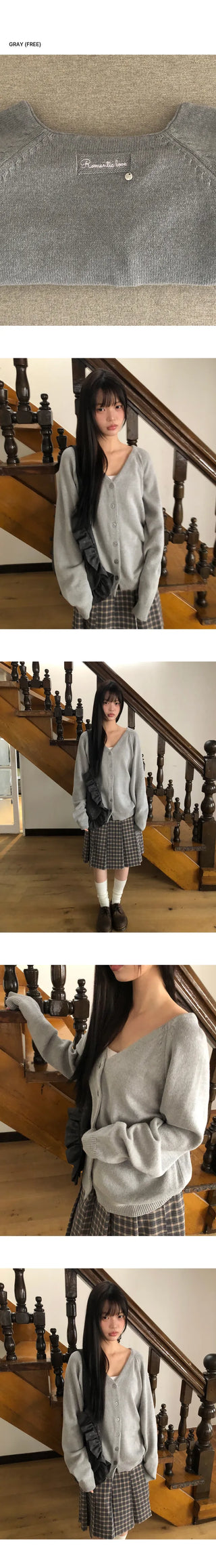 Design Back Point Lettering V-Neck Knit Cardigan