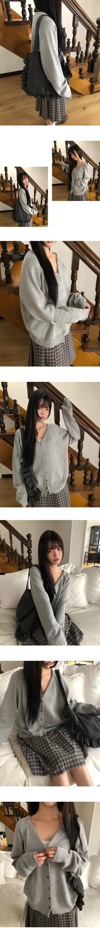 Design Back Point Lettering V-Neck Knit Cardigan