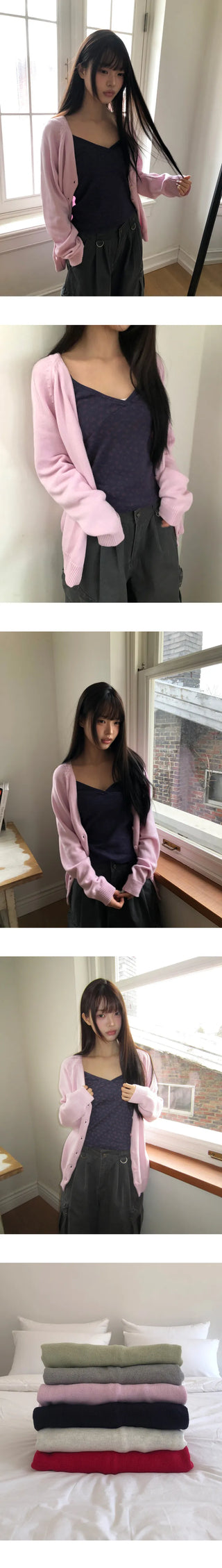 Design Back Point Lettering V-Neck Knit Cardigan
