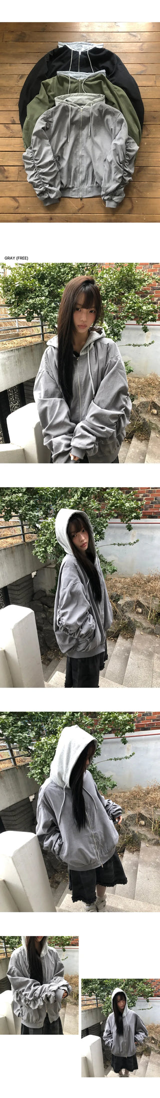 Devin Oversized Shirred Two-way Hooded Bomber Jumper