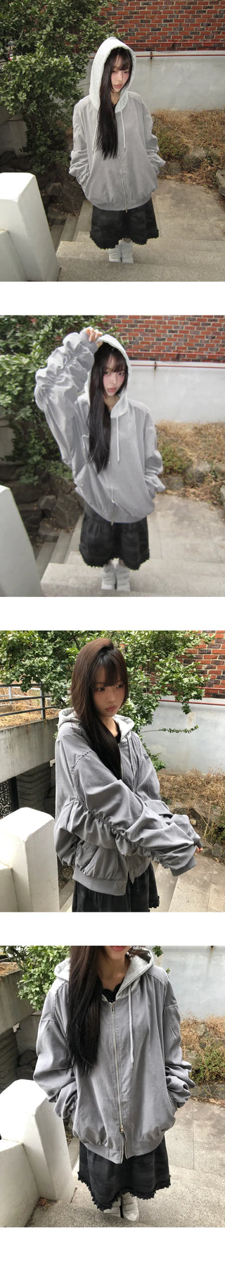 Devin Oversized Shirred Two-way Hooded Bomber Jumper