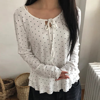 Madin Ribbon Dot Frill Long Sleeve T-shirt