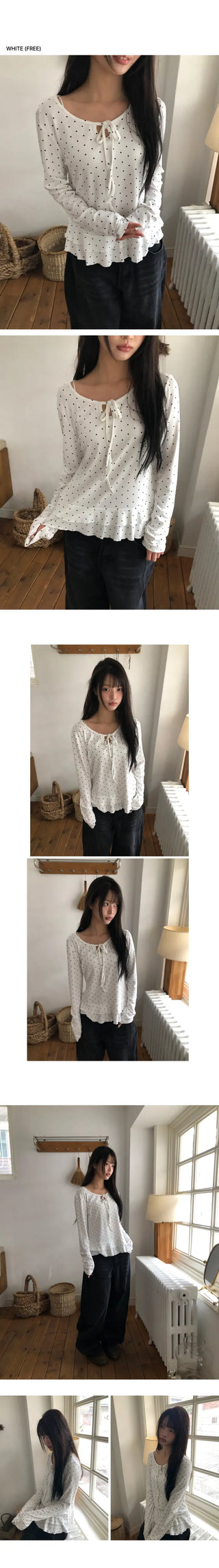 Madin Ribbon Dot Frill Long Sleeve T-shirt