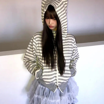 Nean Neko Striped Two-Way Zip-Up Hoodie