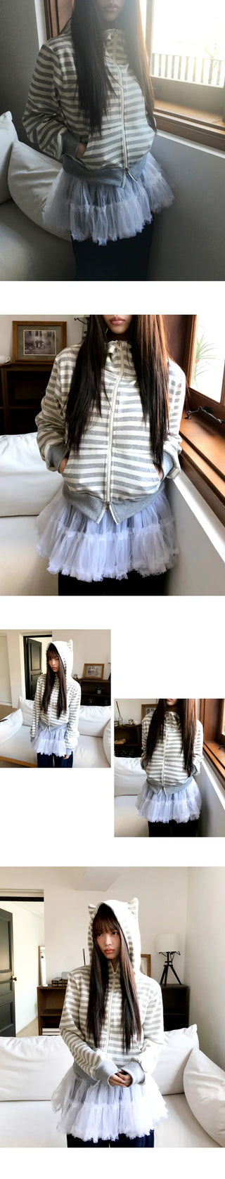 Nean Neko Striped Two-Way Zip-Up Hoodie