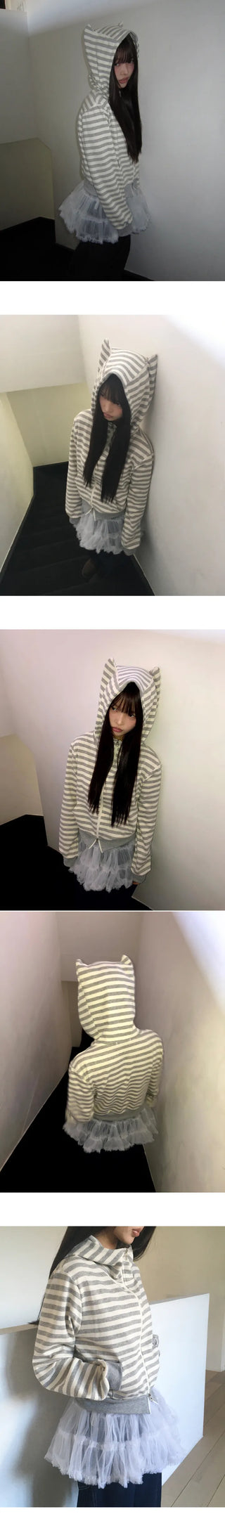 Nean Neko Striped Two-Way Zip-Up Hoodie