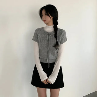 Wool Ribbon Crew Neck Short Sleeve Knit