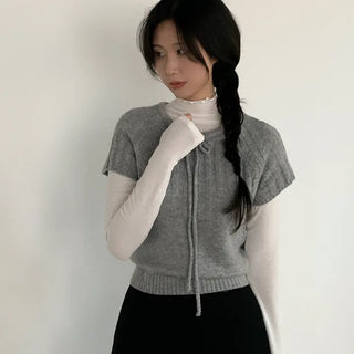 Wool Ribbon Crew Neck Short Sleeve Knit