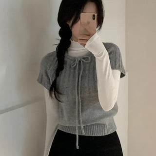 Wool Ribbon Crew Neck Short Sleeve Knit