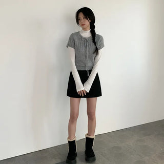 Wool Ribbon Crew Neck Short Sleeve Knit