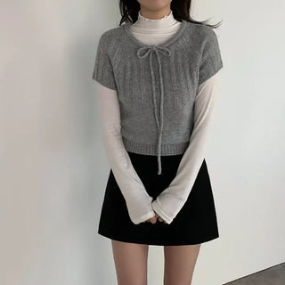 Wool Ribbon Crew Neck Short Sleeve Knit