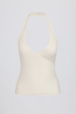 Halterneck Open-Back Tank Top in Ivory Marl