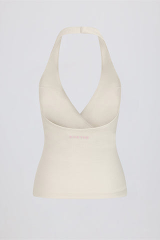 Halterneck Open-Back Tank Top in Ivory Marl