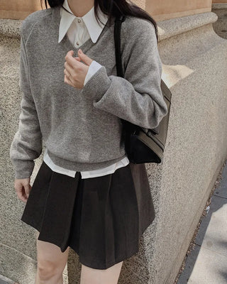 (8 colors) High-gauge V-neck raglan knit